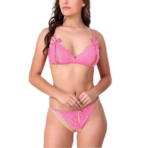 Psychovest Women's Sexy Lace Microfiber Bra and Panty Lingerie Set Free Size (Pink)