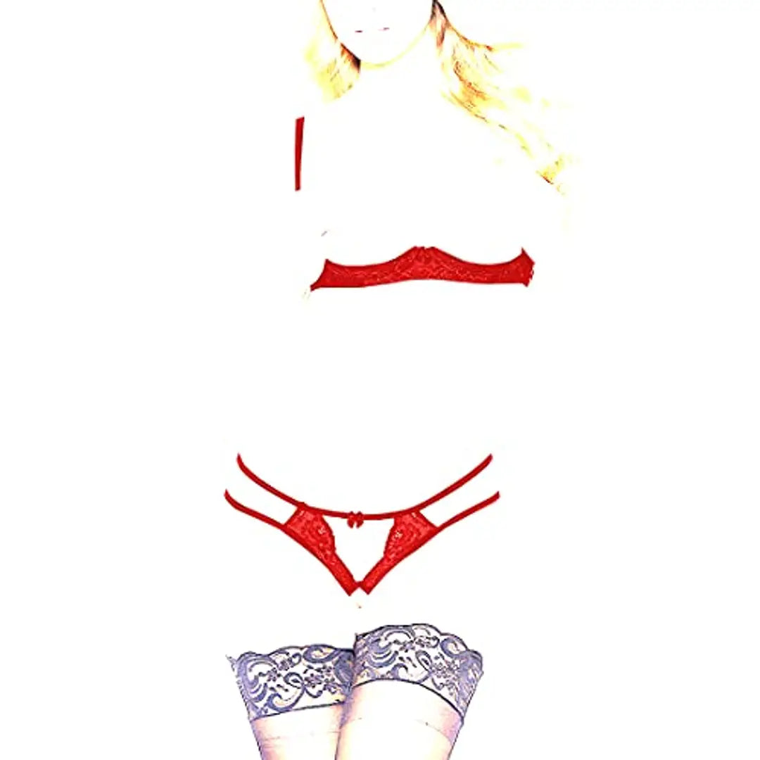 Psychovest Women's Sexy Lace Back open Bra and Panty Lingerie Set Free Size