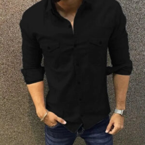 Black Cotton Solid Long Sleeves Casual Shirt