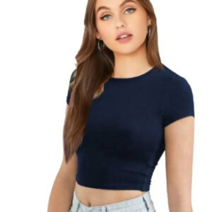 Elegant Navy Blue Cotton Hosiery Solid Crop Top For Women