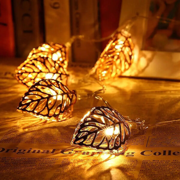 14 Led Leaf Shape Golden Metal String Light Plug in Mode with Rice Metal Fairy Lights for Home Decoration  Diwali christmas Outdoor  Indoor  Festival Fancy Seasonal Indoor String Lights