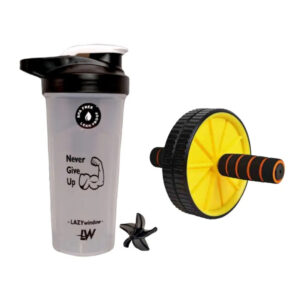 Premium Plastic Gym Shaker Bottle 600ml And Anti Skid Double Wheel AB Roller for Abs Workout