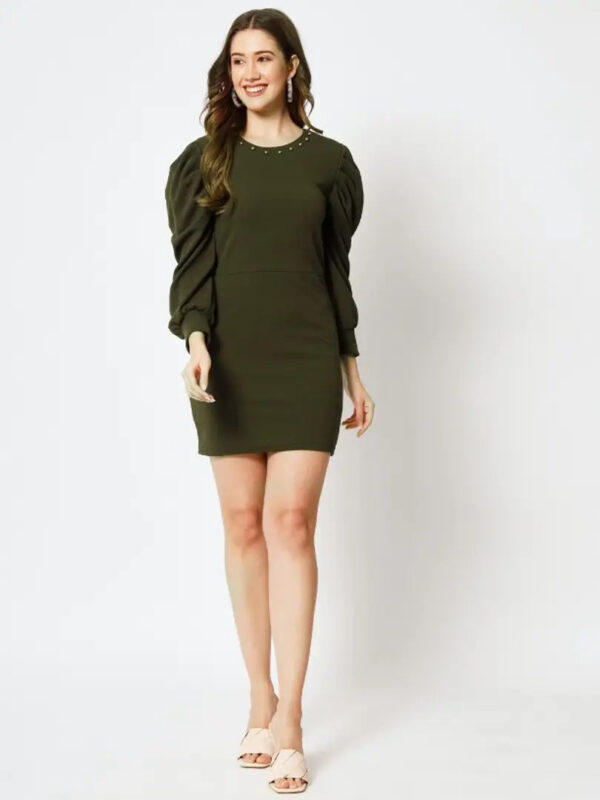Womens Olive Color Bodycon Solid Knee Length Mini Western Short Dress