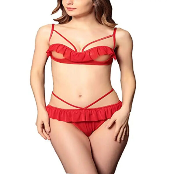 Psychovest Women's Sexy Lace Open Sling Bra and Panty Lingerie Set Free Size (Red)