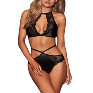 Psychovest Women's Deep V Neck lace Bra and Panty Lingerie Set Free Size Black