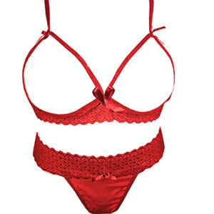 Psychovest Women's Sexy Lace Front Open Back Tail Bra and Panty Lingerie Set Free (Red)