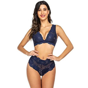 Psychovest Women's Sexy Lace Two Piece Strappy Bra and Panty Lingerie Set Free Size (Blue)