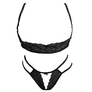 Psychovest Women's Sexy Lace Front Open Micro Bra and Panty Lingerie Set Free Black