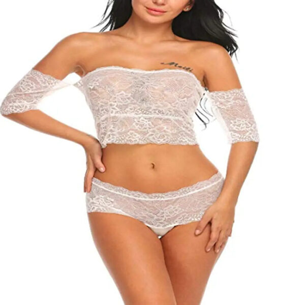Psychovest Women's Sexy Lace Off Shoulder Bralette Bra and Panty Lingerie Set Free Size (White)