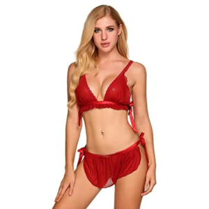 Psychovest Women's Sexy Floral Self tie Bra and Panty Lingerie Set Free Size (Red)