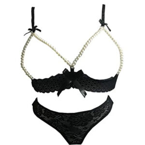 Psychovest Women's Sexy Lace Pearl Design Tail Back Bra and Panty Lingerie Set Free Size Black